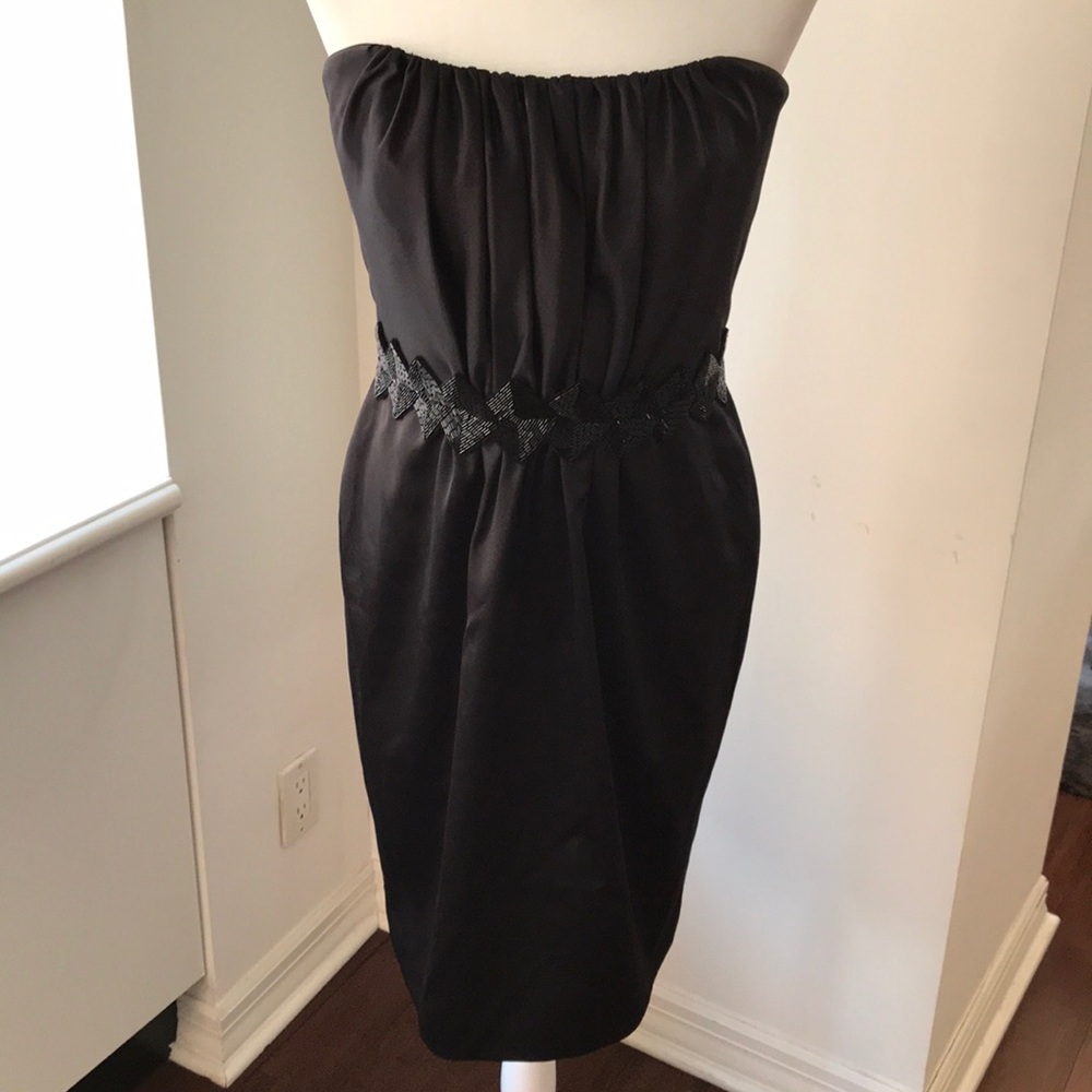 Badgley Mischka Beaded Waist Strapless Satin Dress